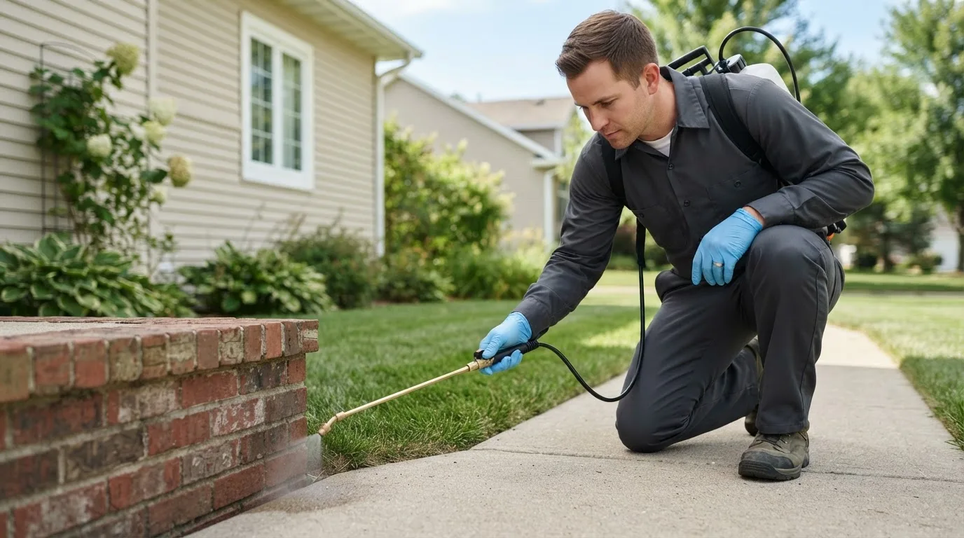 Pest control technician treating a home near Helmsburg, IN