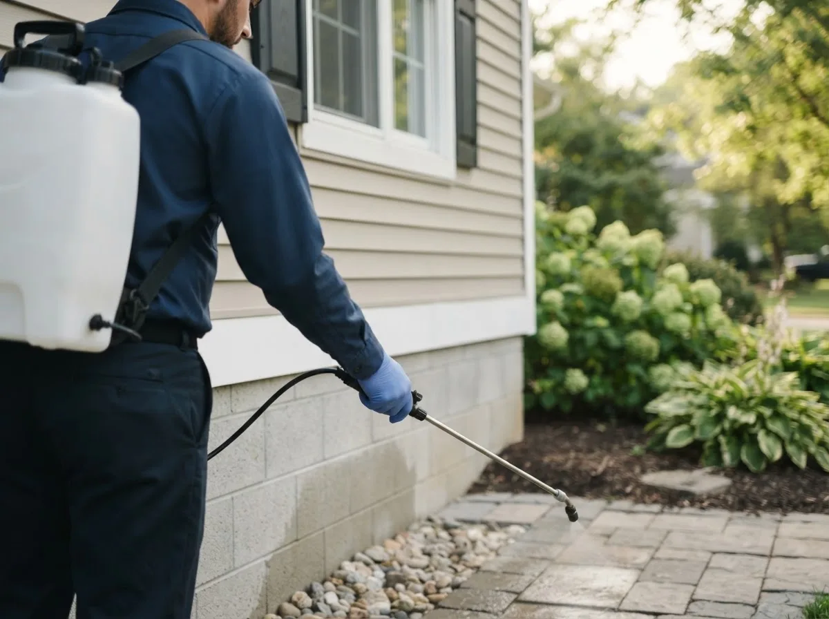 Pest control technician inspecting a home in Helmsburg, IN